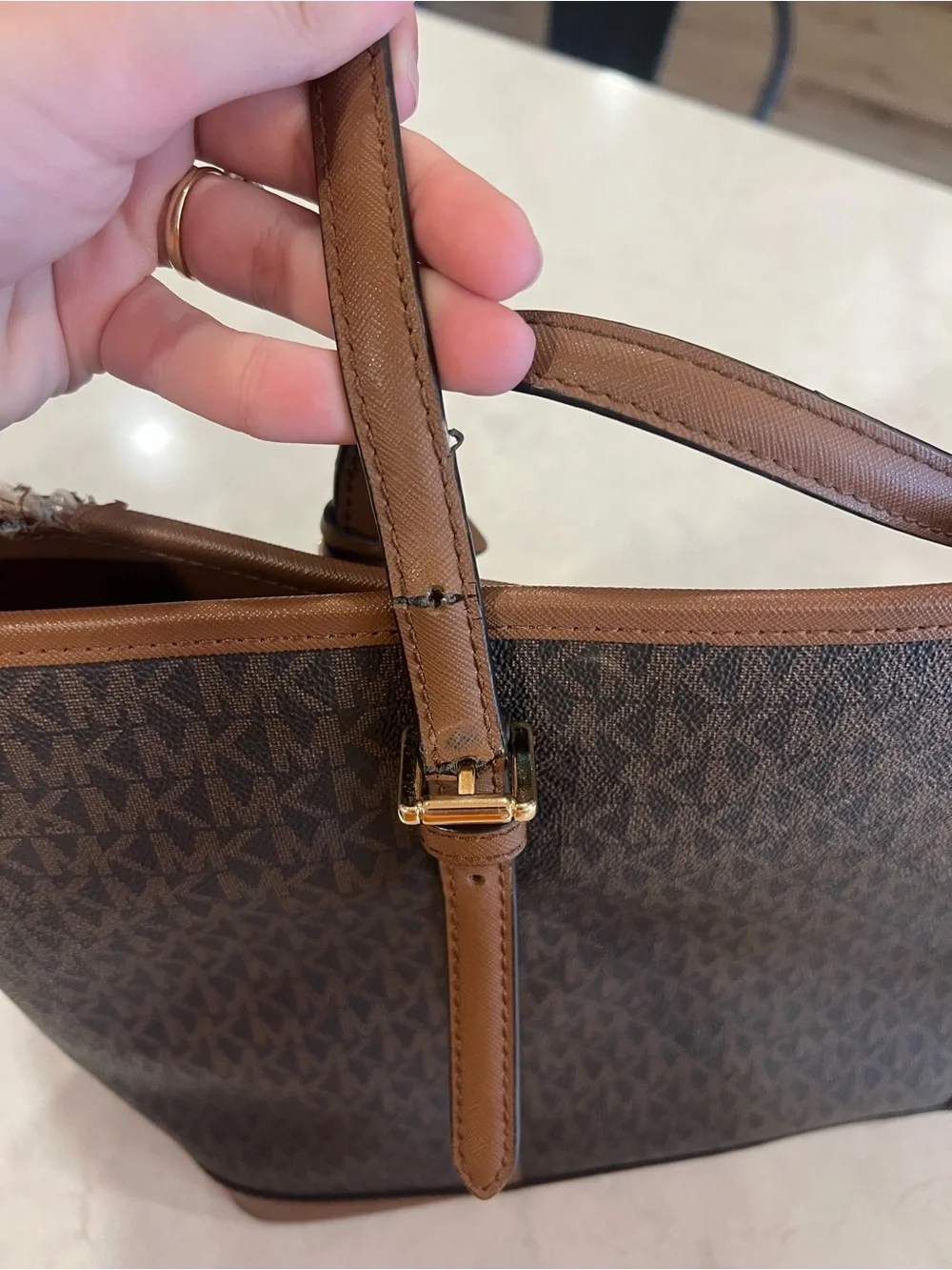 Michael Kors Brown MK Logo Tote with Gold Charm